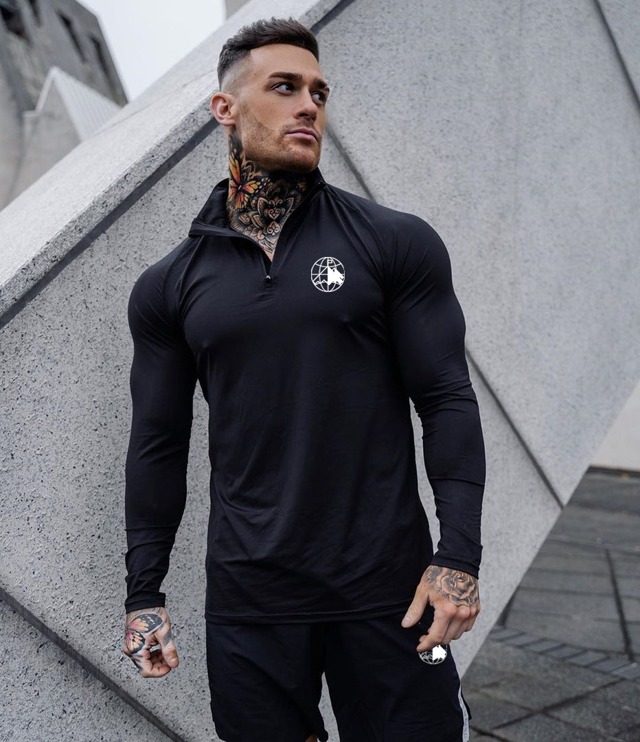 Men's Bodybuilding Sport Zipper Neck quick-drying T-shirt