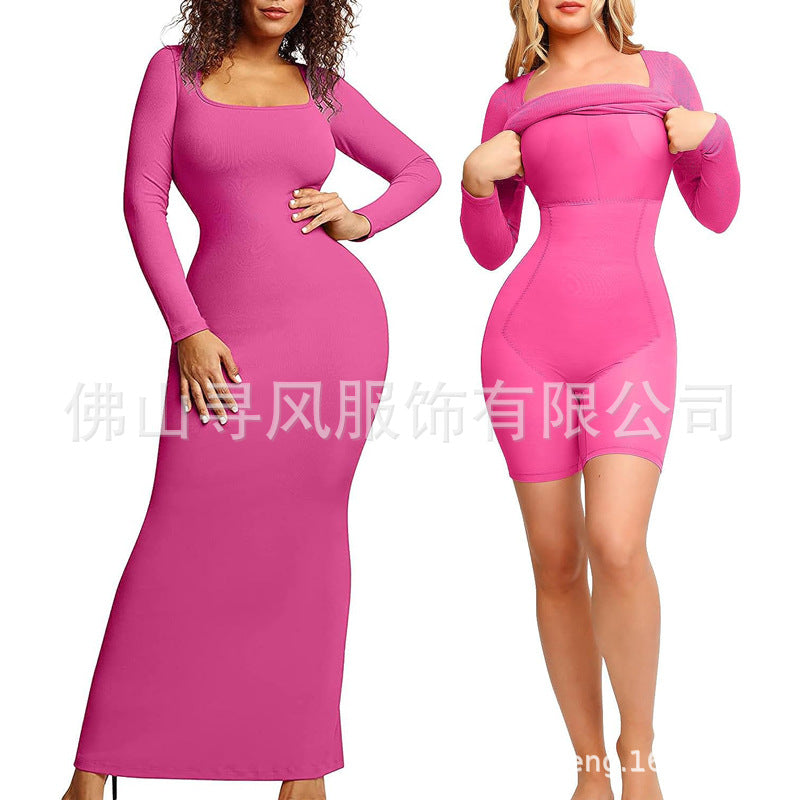BUILT-IN CURVY SLIM TUMMY COMPRESSION SLIMMING LONG SLEEVE SHAPER DRESS