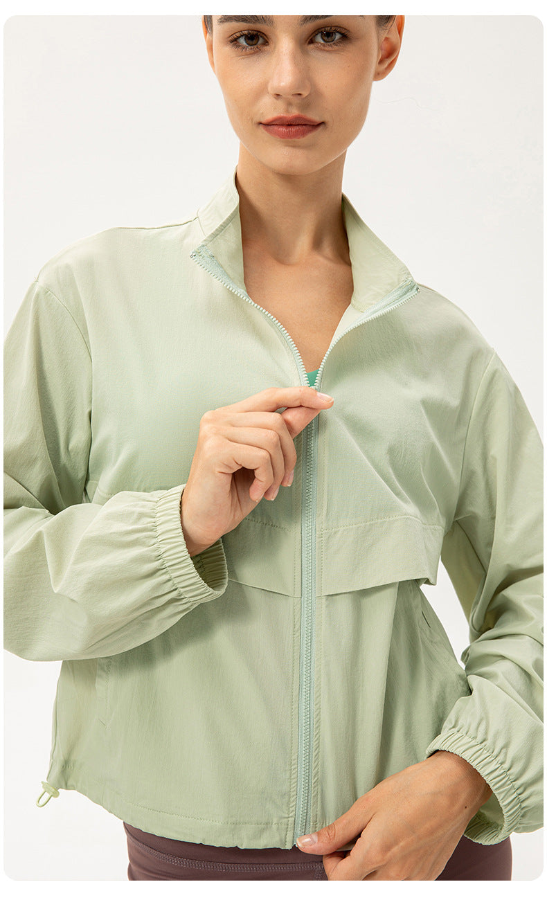 New outdoor sports windbreaker women's loose casual yoga wear zipper stand collar running fitness jacket 22617