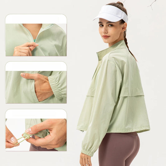 New outdoor sports windbreaker women's loose casual yoga wear zipper stand collar running fitness jacket 22617