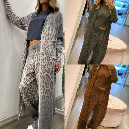 Women Leopard print long-sleeved cardigan jacket trousers suit two-piece set