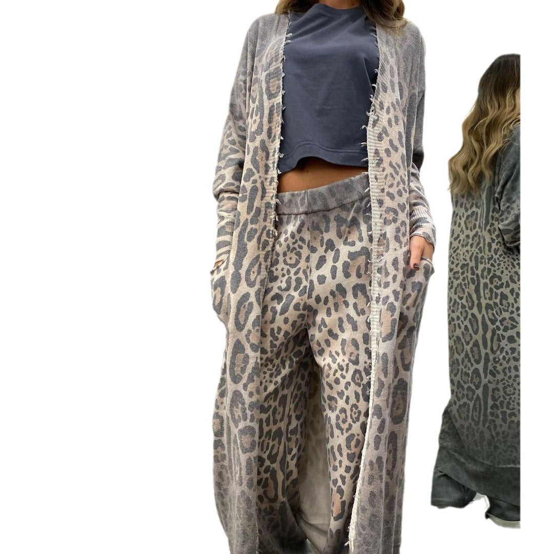 Women Leopard print long-sleeved cardigan jacket trousers suit two-piece set