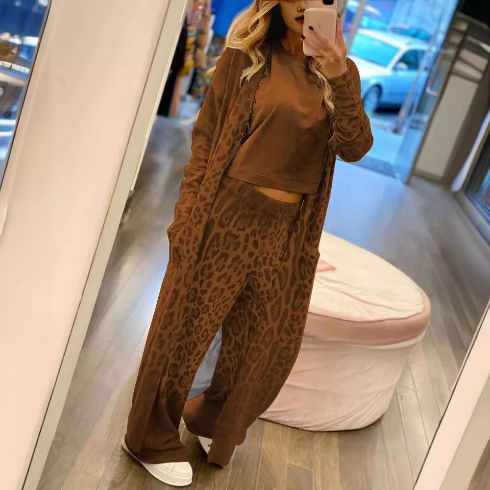 Women Leopard print long-sleeved cardigan jacket trousers suit two-piece set