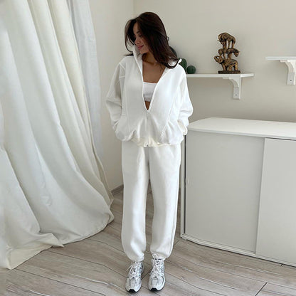 Women's Stand Collar Zipper Topo Trousers Casual Two Piece Tracksuit for Winter and Spring