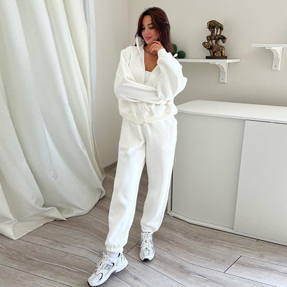 Women's Stand Collar Zipper Topo Trousers Casual Two Piece Tracksuit for Winter and Spring