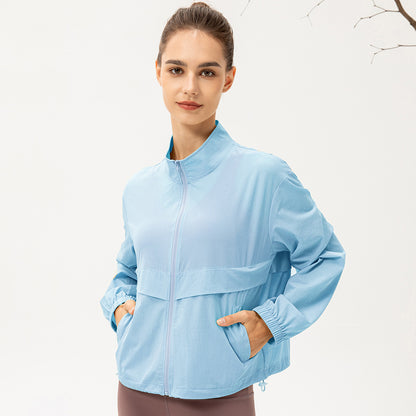 New outdoor sports windbreaker women's loose casual yoga wear zipper stand collar running fitness jacket 22617