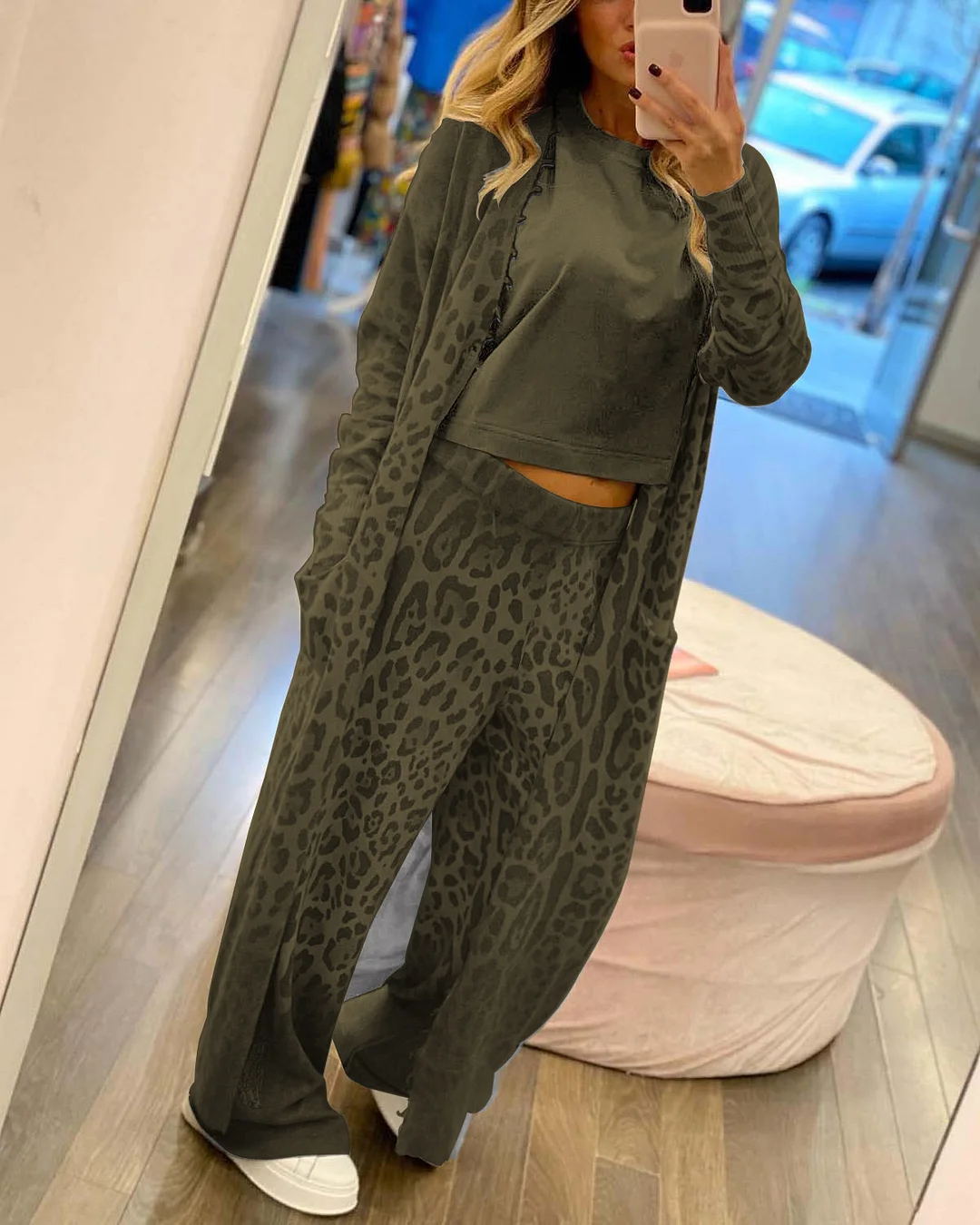 Women Leopard print long-sleeved cardigan jacket trousers suit two-piece set